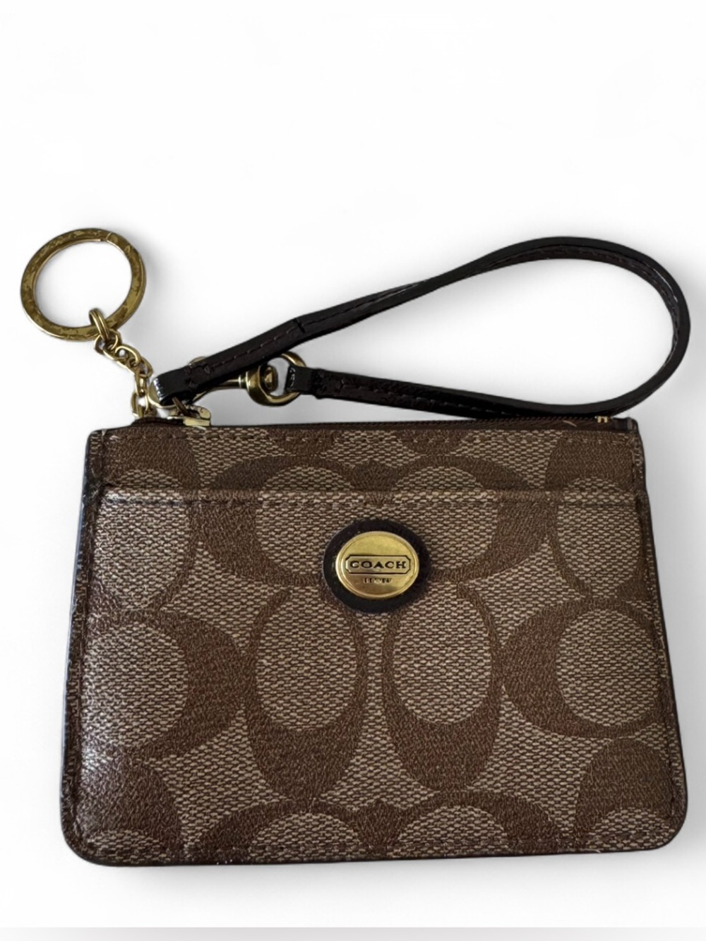 Coach Signature C Print Brown Tan Canvas Leather Small Wristlet Coin ID Purse